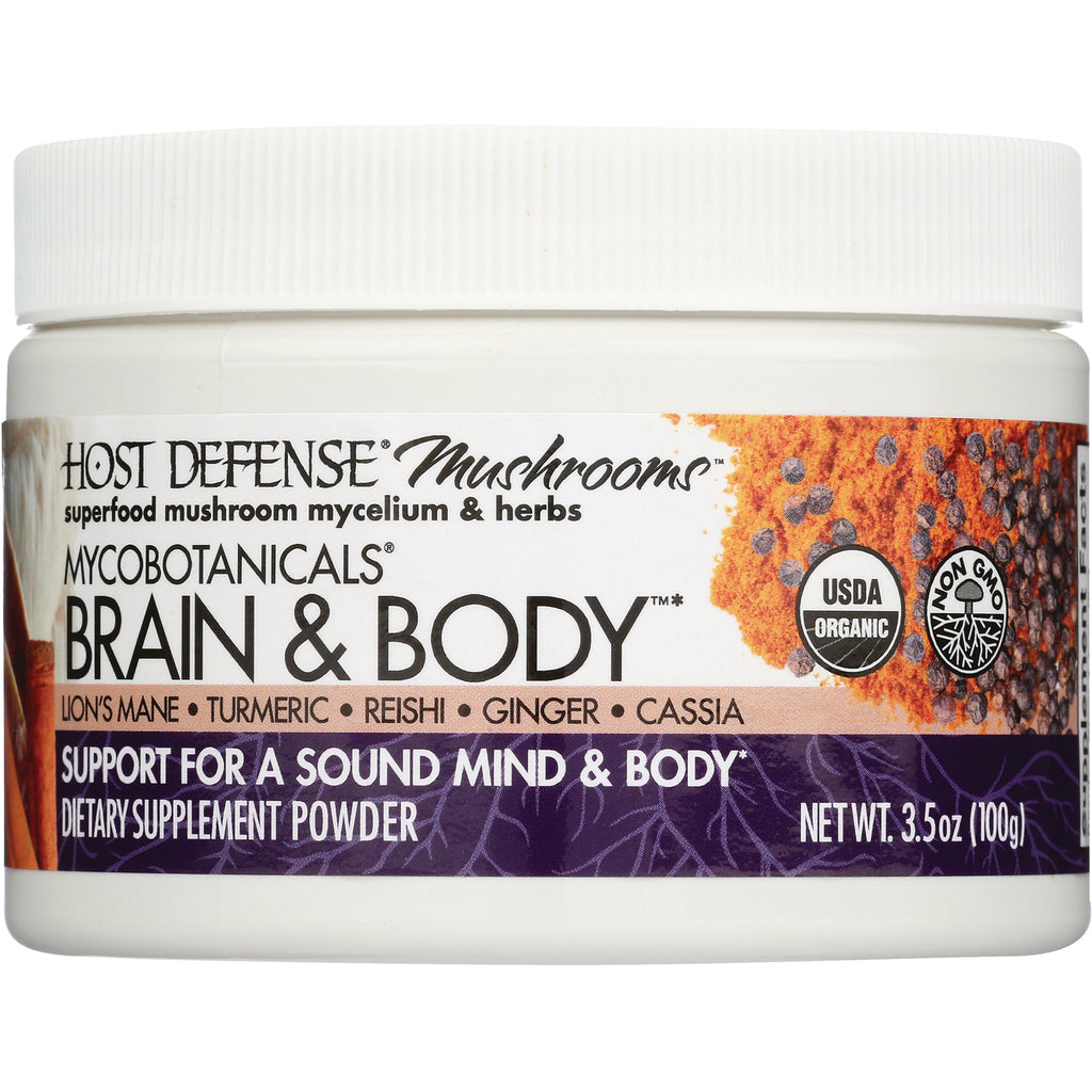 FUN034 | white jar of Mycobotanicals BRAIN & BODY dietary supplement powder label listing Lion's Mane, turmeric, reishi, net wt 3.5 oz - Thumbnail