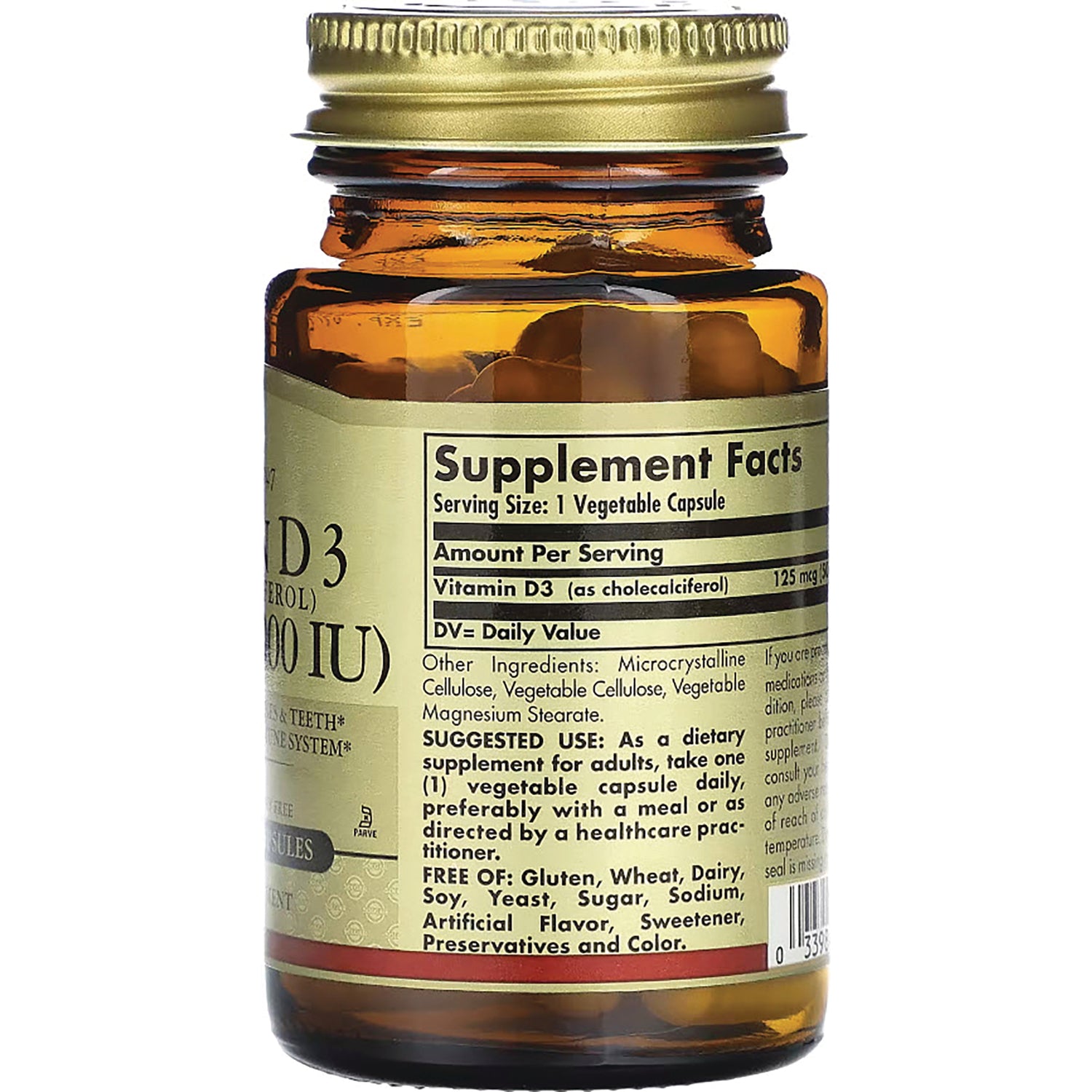 SLG247 | Back of amber supplement bottle showing Supplement Facts label with Vitamin D3 serving and usage directions