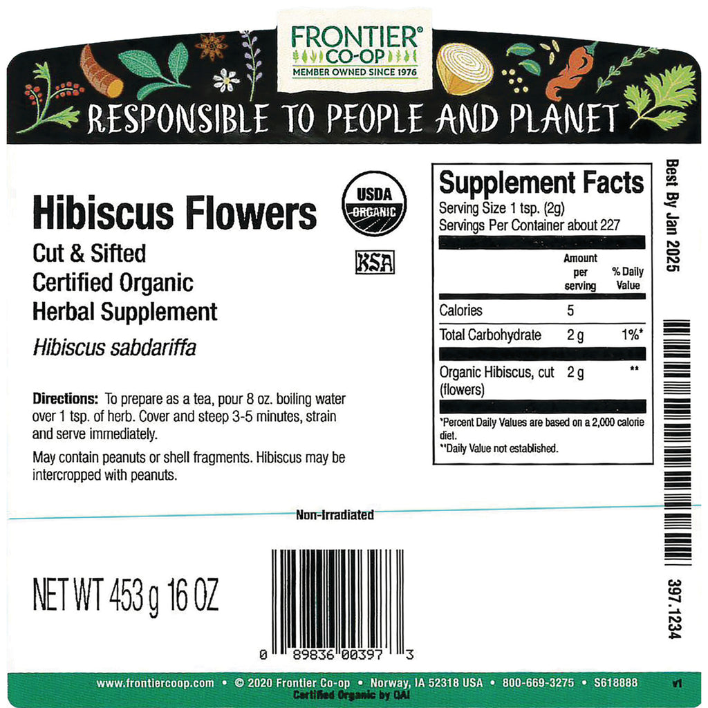 FNP226 | back label of Frontier Hibiscus Flowers showing supplement facts, directions, net wt 453 g and barcode - Thumbnail