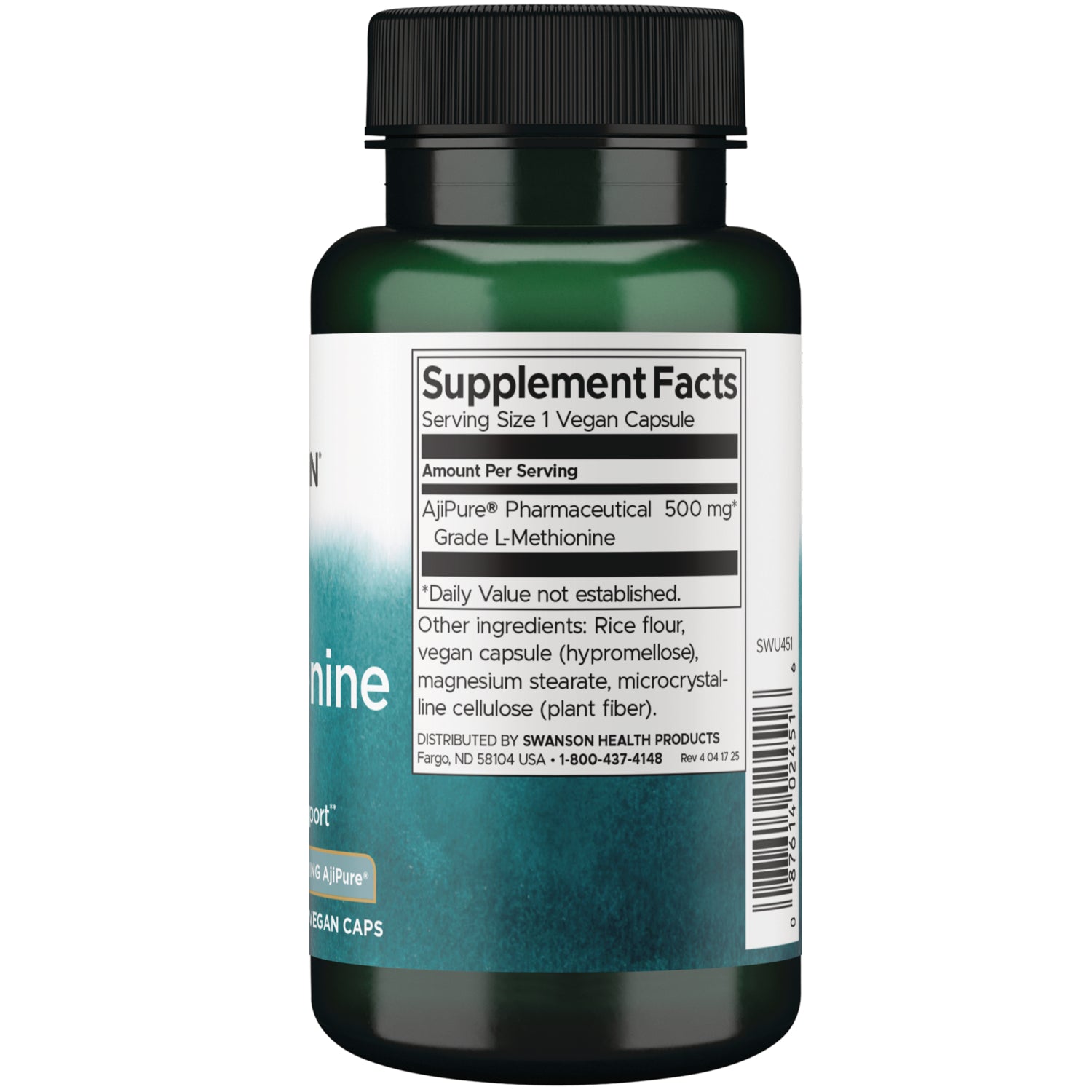 SWU451 | Back of supplement bottle showing Supplement Facts and ingredients for L-methionine 500 mg