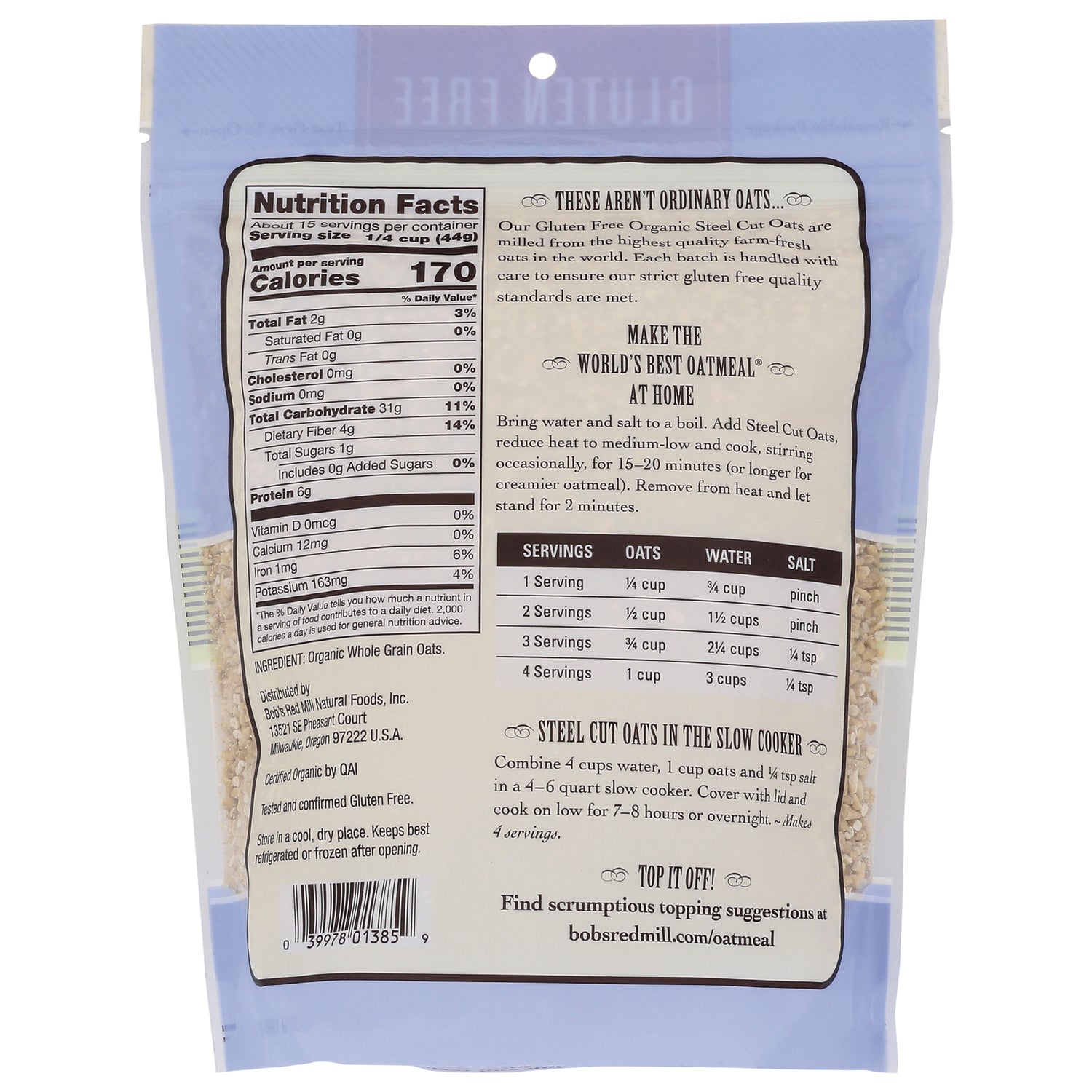 BOB330 | Back of oatmeal bag showing Nutrition Facts panel, cooking directions, servings table and barcode