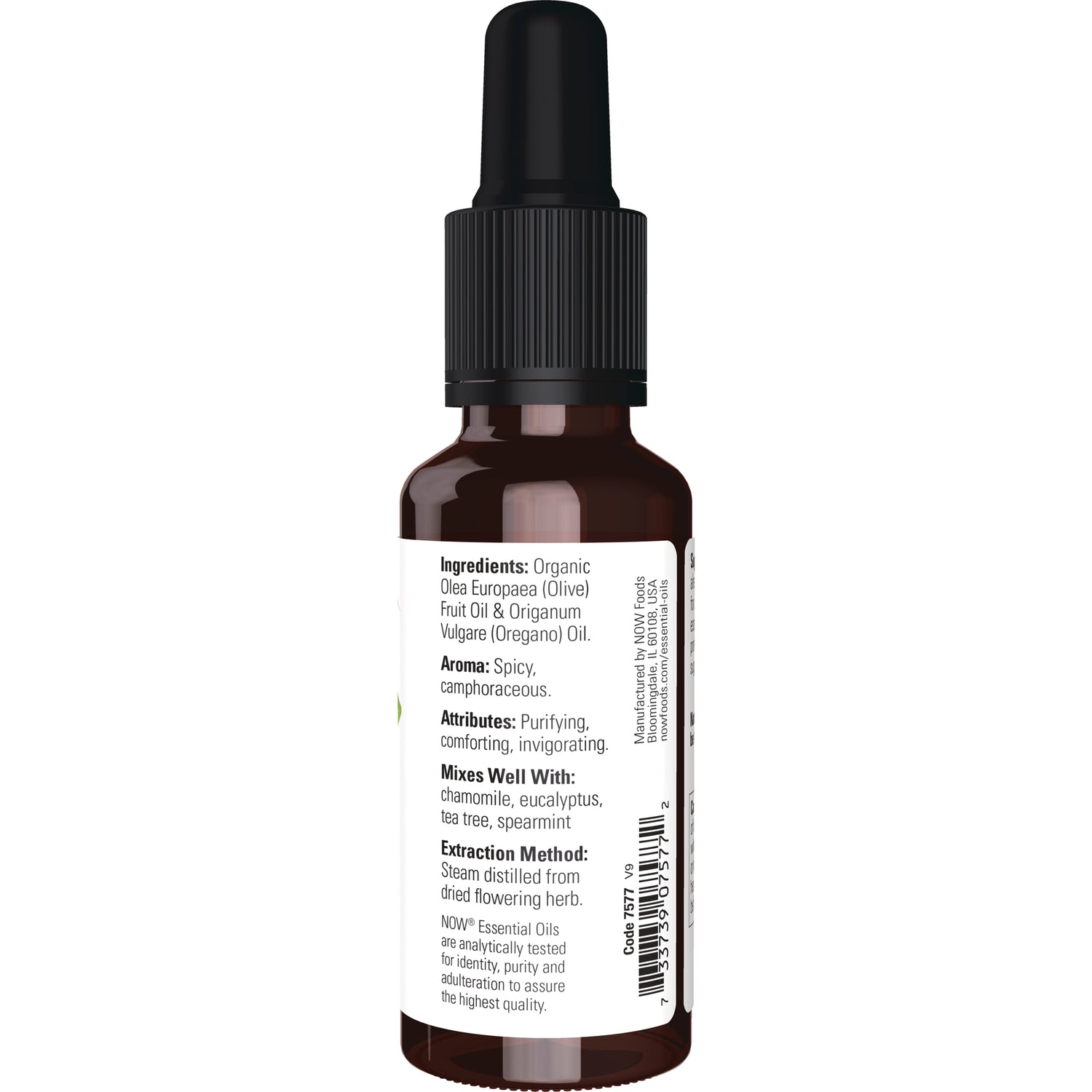 NWF498 | Back of amber dropper bottle showing white label with ingredients, usage text, and barcode