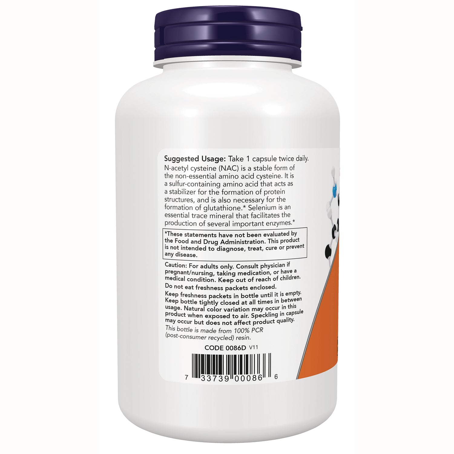 NWF901 | Back of white supplement bottle showing suggested usage Take 1 capsule twice daily, warnings, and barcode