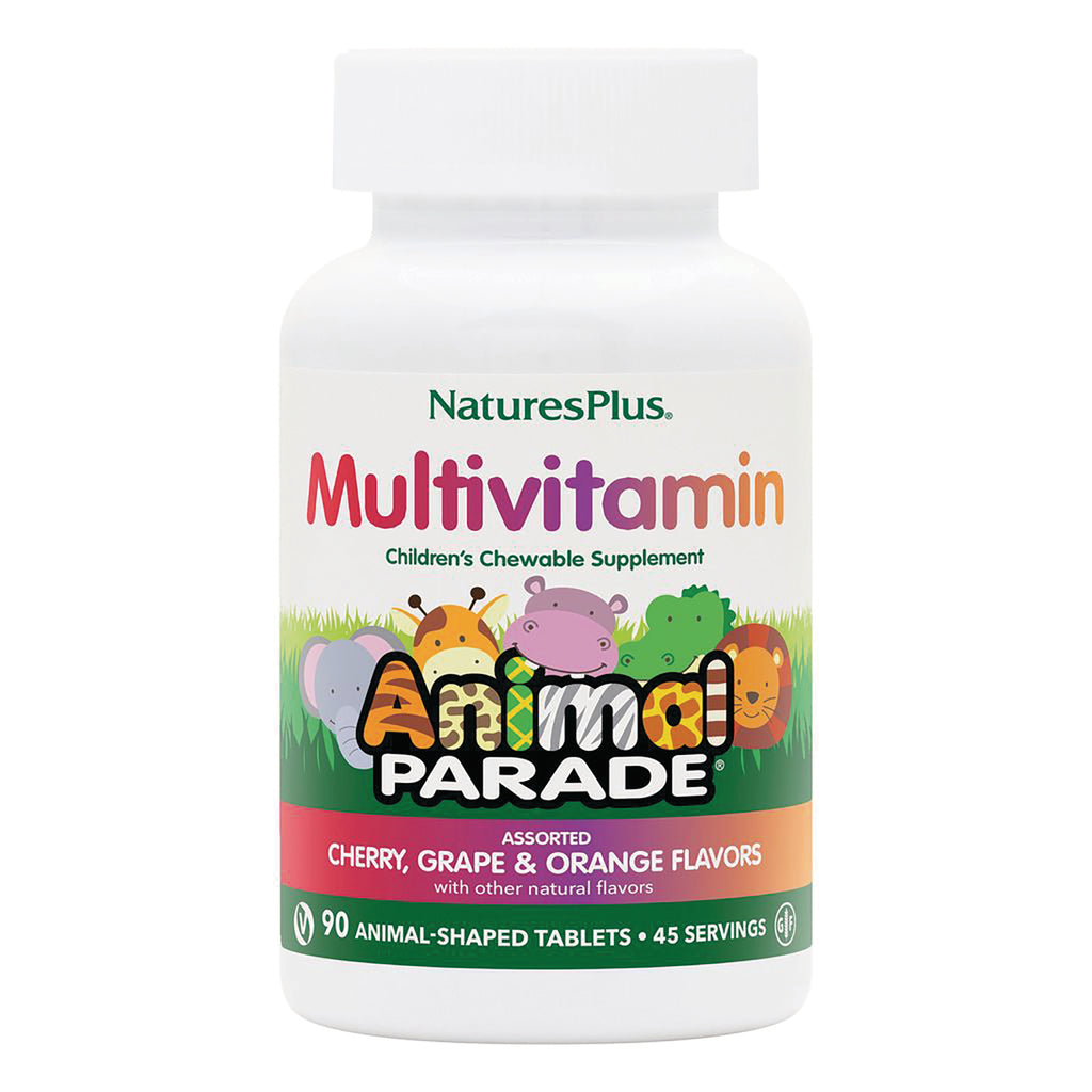 NTP044 | NaturesPlus Multivitamin Children's Chewable Supplement Animal Parade bottle, cherry grape and orange flavors, 90 animal-shaped tablets - Thumbnail
