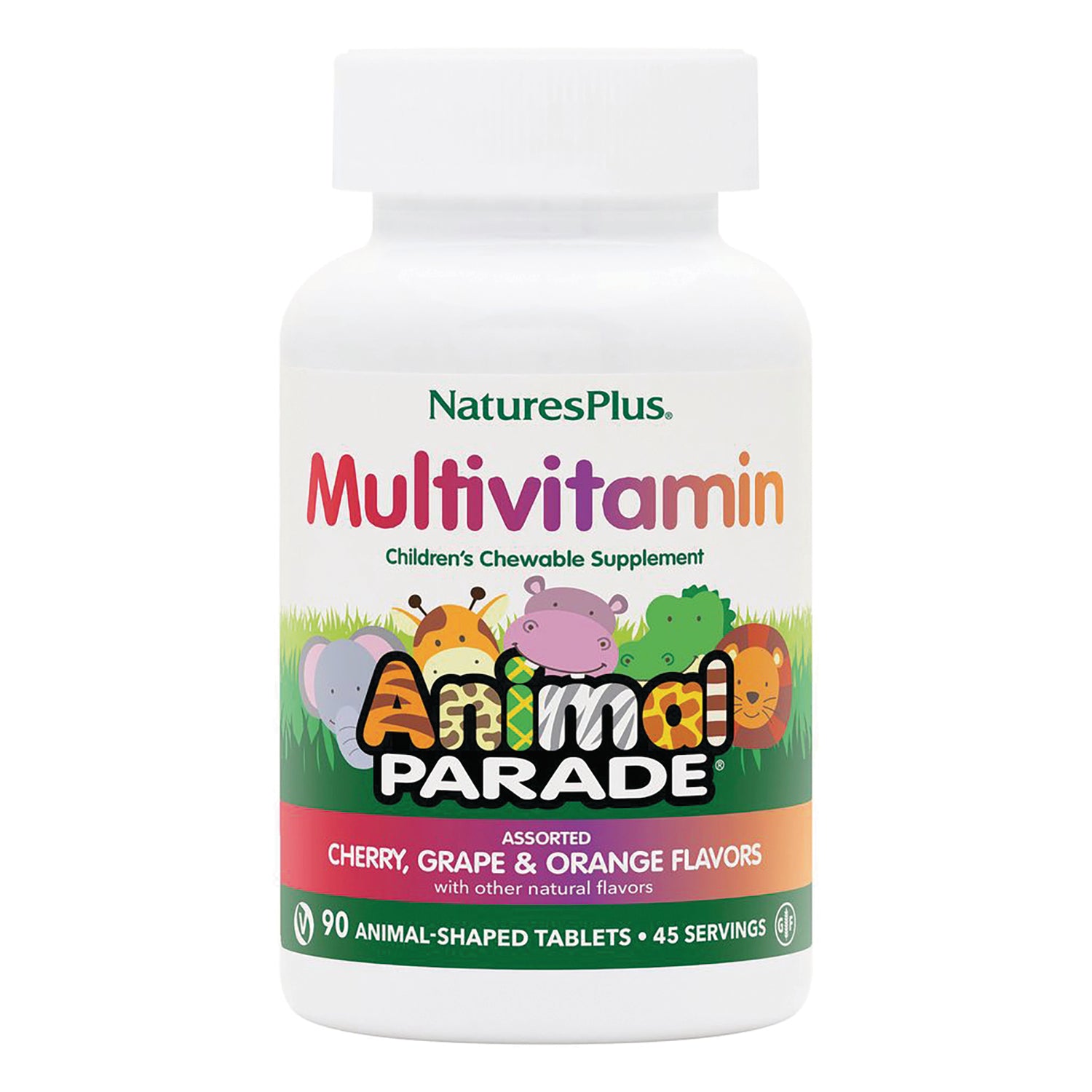 NTP044 | NaturesPlus Multivitamin Children's Chewable Supplement Animal Parade bottle, cherry grape and orange flavors, 90 animal-shaped tablets