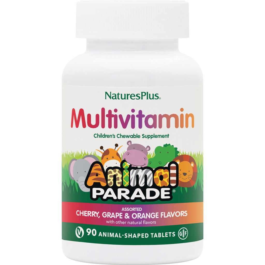 NTP044 | NaturesPlus Multivitamin Children's Chewable Supplement Animal Parade bottle, cherry grape and orange flavors, 90 animal-shaped tablets - Thumbnail