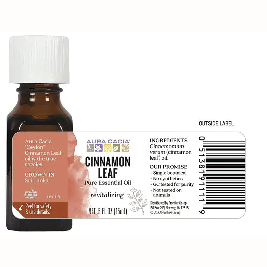ARC029 | Amber 15 mL bottle back label reading 'CINNAMON LEAF Pure Essential Oil', ingredients and barcode - Thumbnail