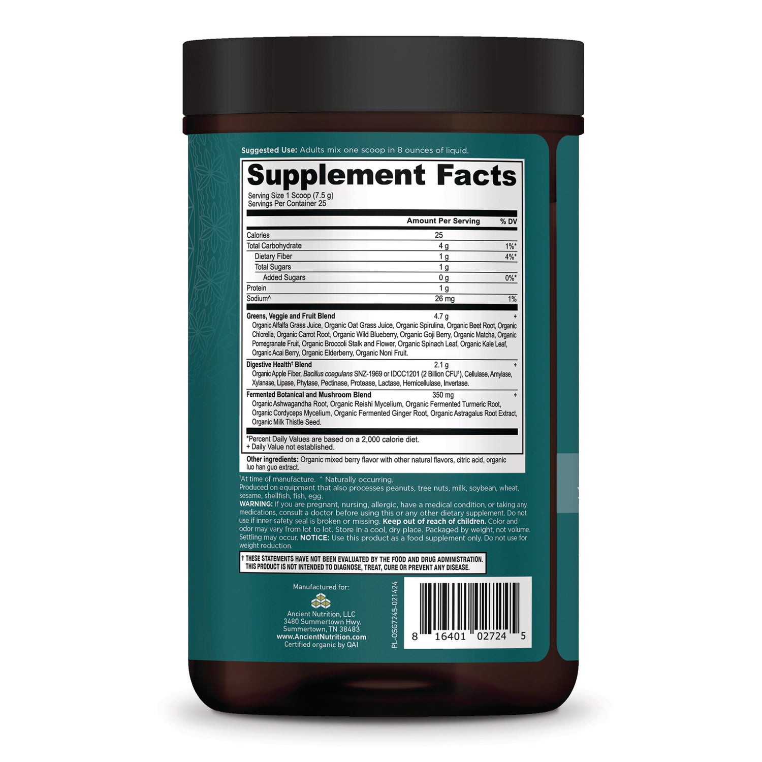 ATN132 | Back label showing Supplement Facts panel, ingredient details and barcode