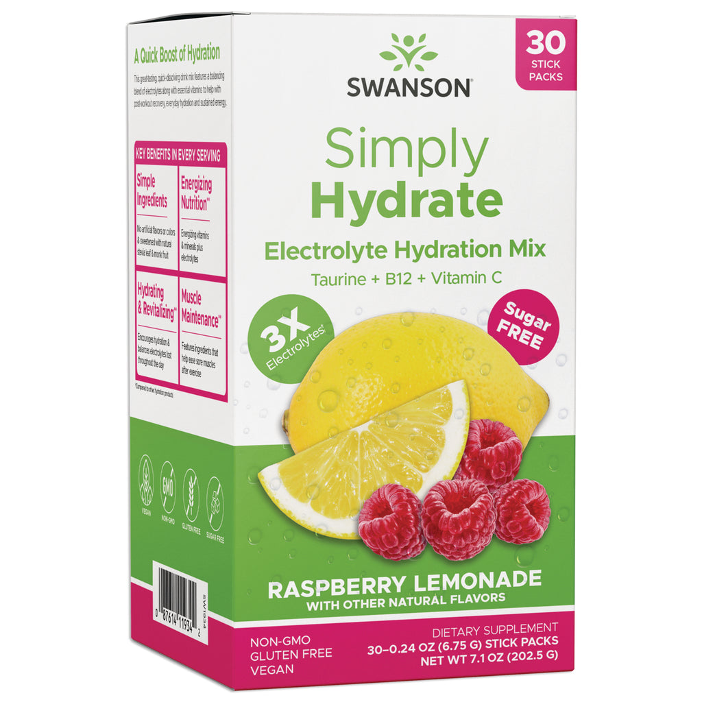 SW1934 | Swanson Simply Hydrate Electrolyte Hydration Mix, Raspberry Lemonade, 30 stick packs, sugar free - Thumbnail