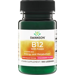 SW746 | Swanson B12 with Folate, 1,000 mcg per lozenge, Strawberry Flavor, Energy and Metabolism, 100 lozenges