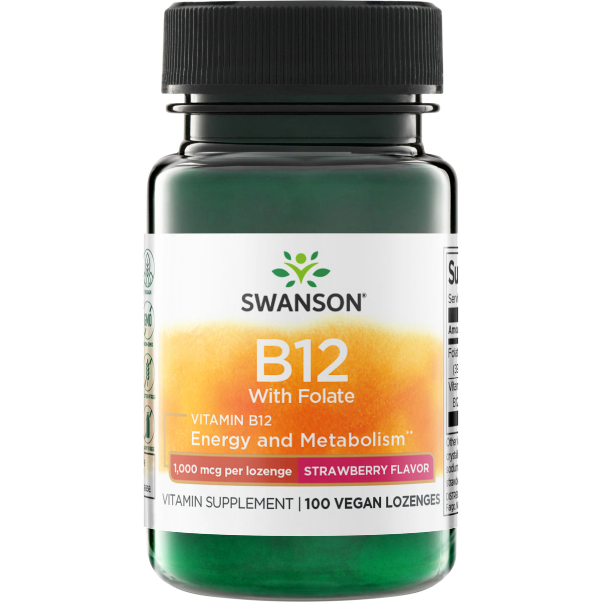 SW746 | Swanson B12 with Folate, 1,000 mcg per lozenge, Strawberry Flavor, Energy and Metabolism, 100 lozenges