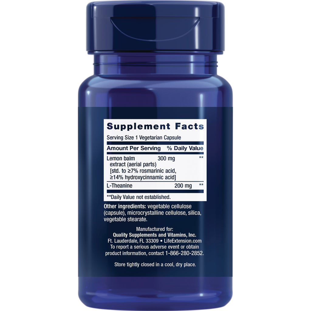 LE047 | Back of blue supplement bottle with Supplement Facts label listing lemon balm 300 mg and L-Theanine 200 mg - Thumbnail