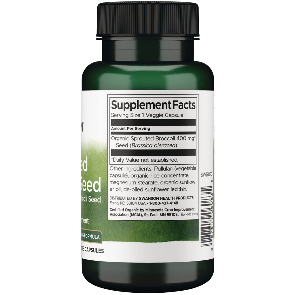 SWR083 | Back label with Supplement Facts for Organic Sprouted Broccoli Seed, 400 mg per veggie capsule - Thumbnail