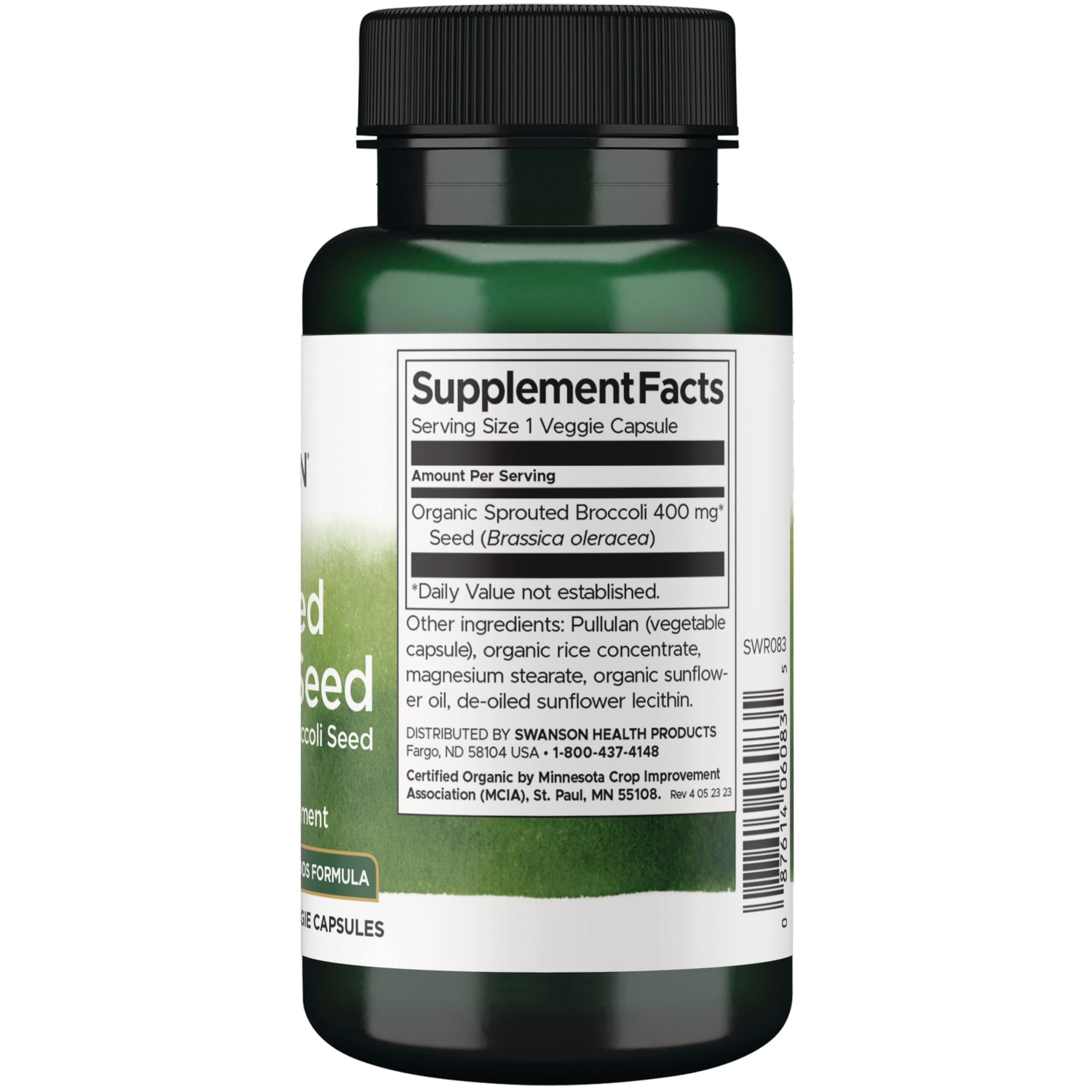 SWR083 | Back label with Supplement Facts for Organic Sprouted Broccoli Seed, 400 mg per veggie capsule