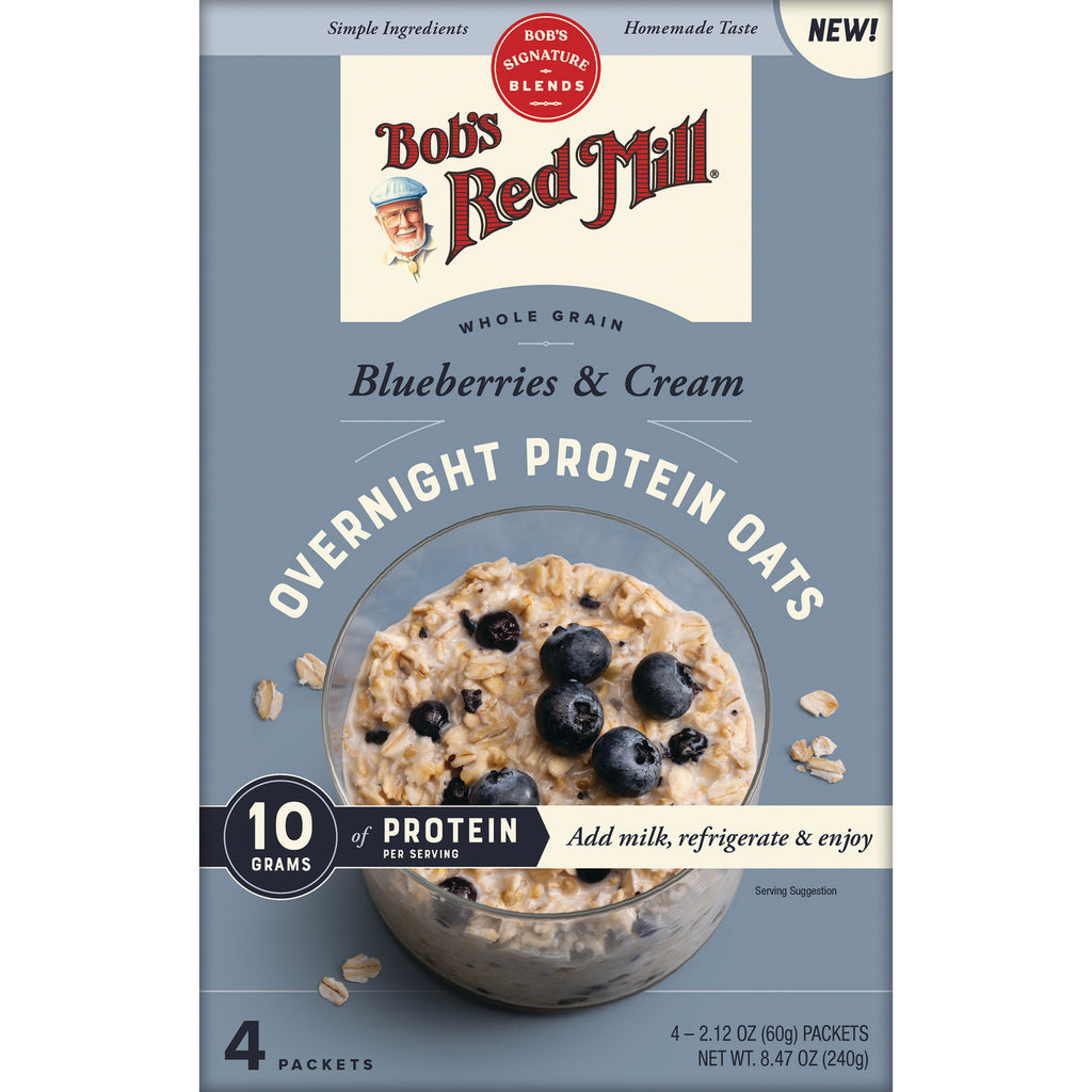 BOB487 | Bob's Red Mill Blueberries & Cream Overnight Protein Oats front packaging showing bowl of oats with blueberries - Thumbnail