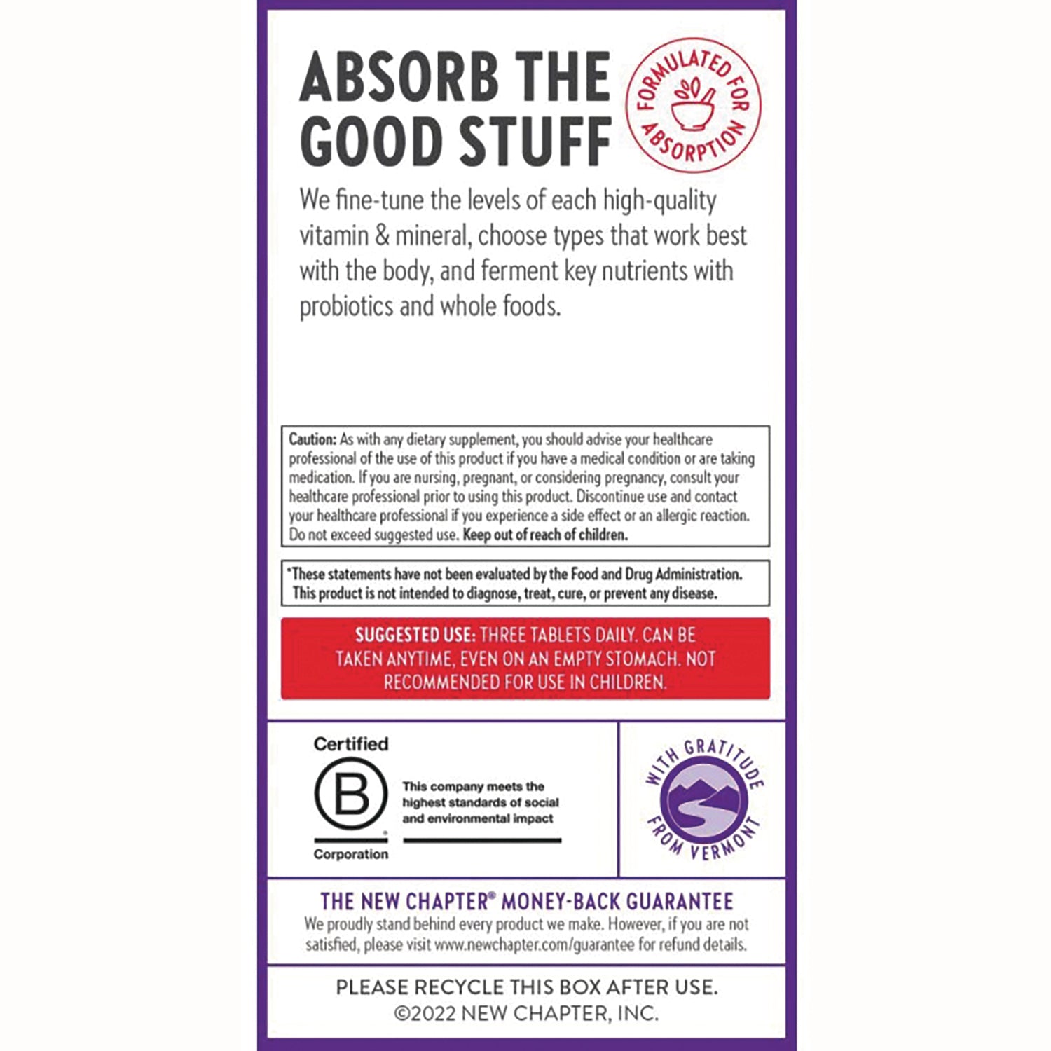 NWC321 | Back of supplement box with ABSORB THE GOOD STUFF headline, caution, suggested use, certifications and recycling info
