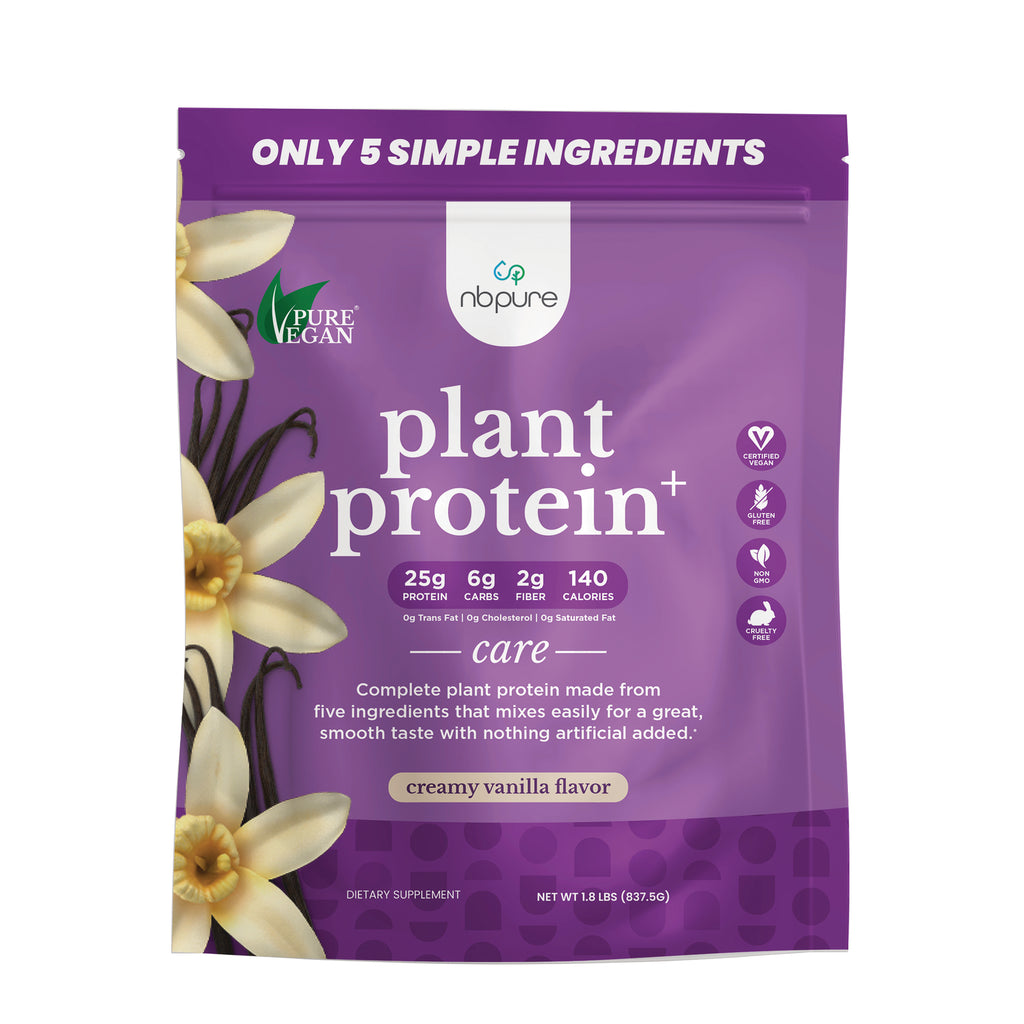PVG003 | Plant Protein pouch front packaging, creamy vanilla flavor with vanilla flowers and nutrition highlights - Thumbnail