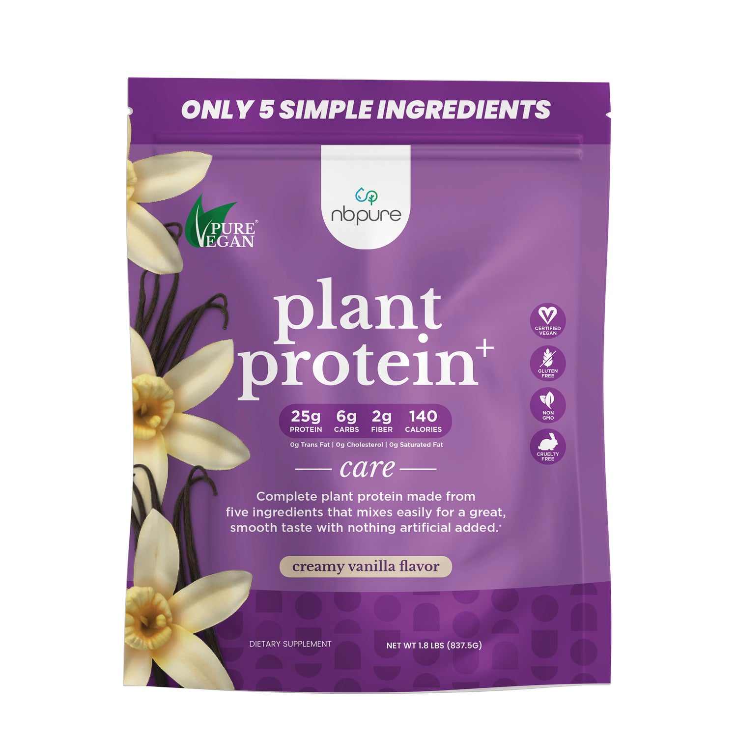 PVG003 | Plant Protein pouch front packaging, creamy vanilla flavor with vanilla flowers and nutrition highlights