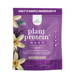 PVG003 | Plant Protein pouch front packaging, creamy vanilla flavor with vanilla flowers and nutrition highlights