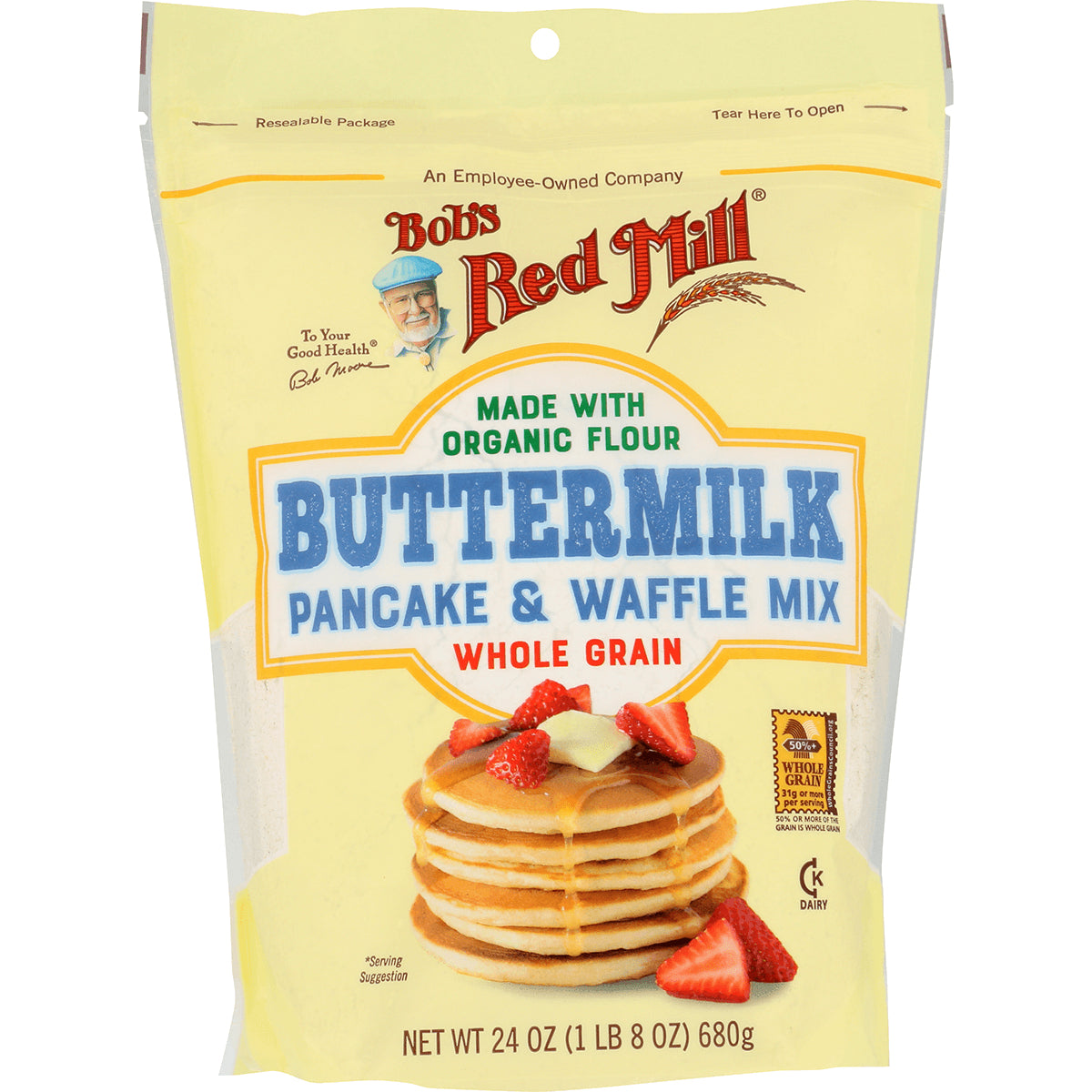 BOB323 | Bob's Red Mill Buttermilk Pancake & Waffle Mix whole grain pouch with stack of pancakes and strawberries
