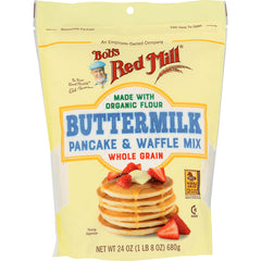 BOB323 | Bob's Red Mill Buttermilk Pancake & Waffle Mix whole grain pouch with stack of pancakes and strawberries