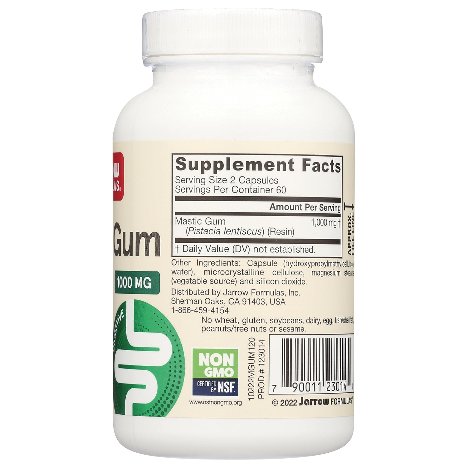 JR323 | back label showing Supplement Facts, ingredients, 1000 mg mastic gum bottle and barcode