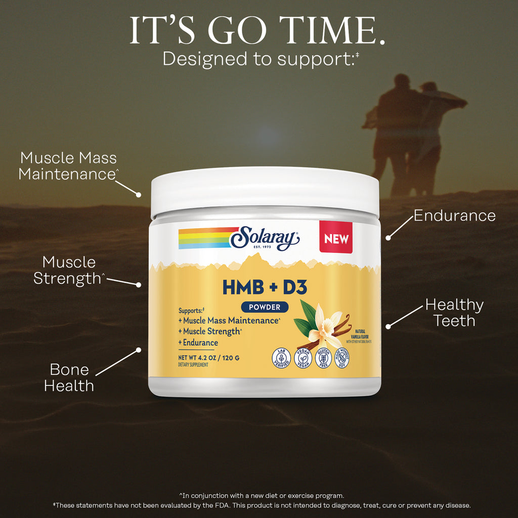 SLR540 | Solaray HMB + D3 powder jar with callouts for muscle mass maintenance, strength, endurance, and bone health - Thumbnail