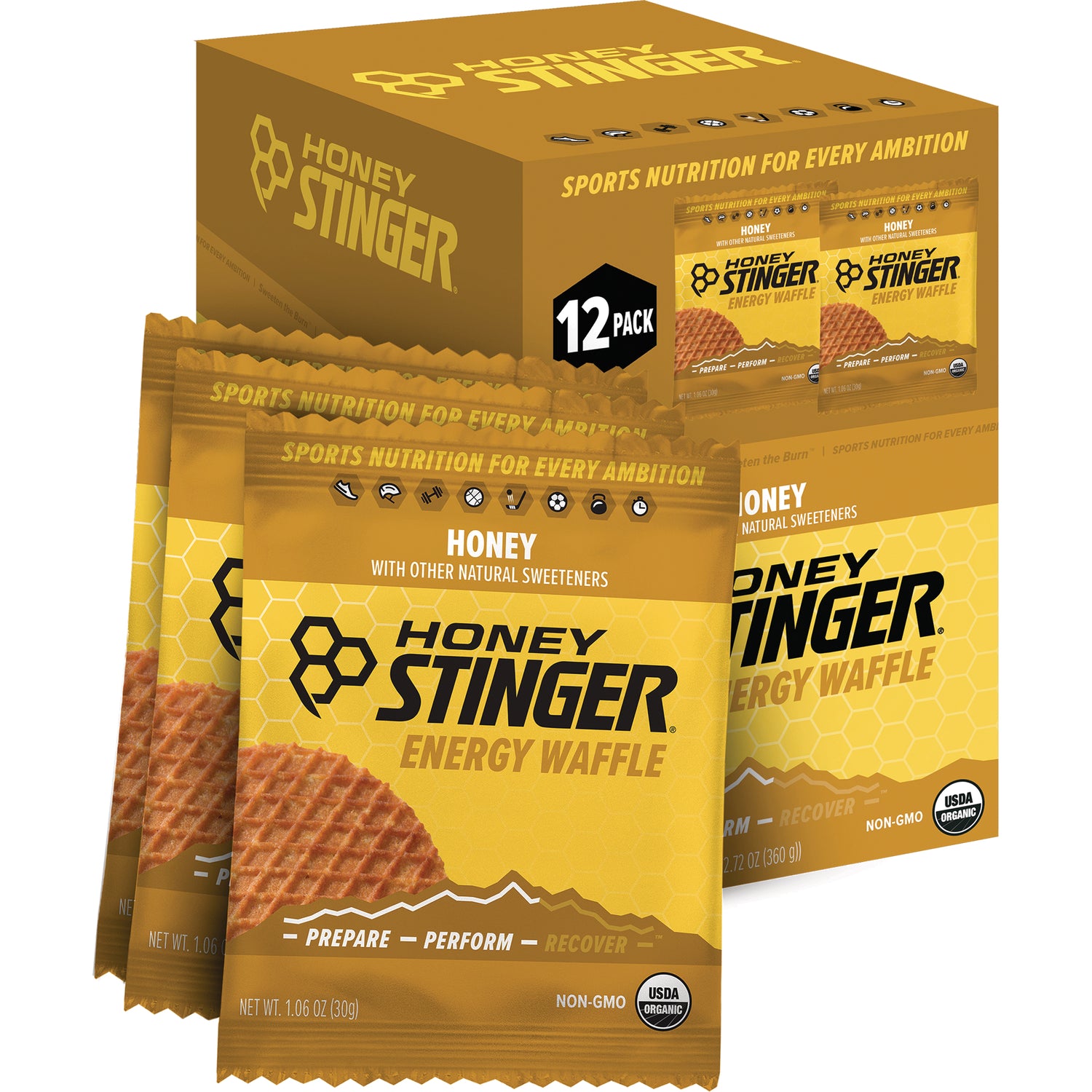 HST068 | Honey Stinger honey energy waffle 12-pack box with three individual waffle packets visible
