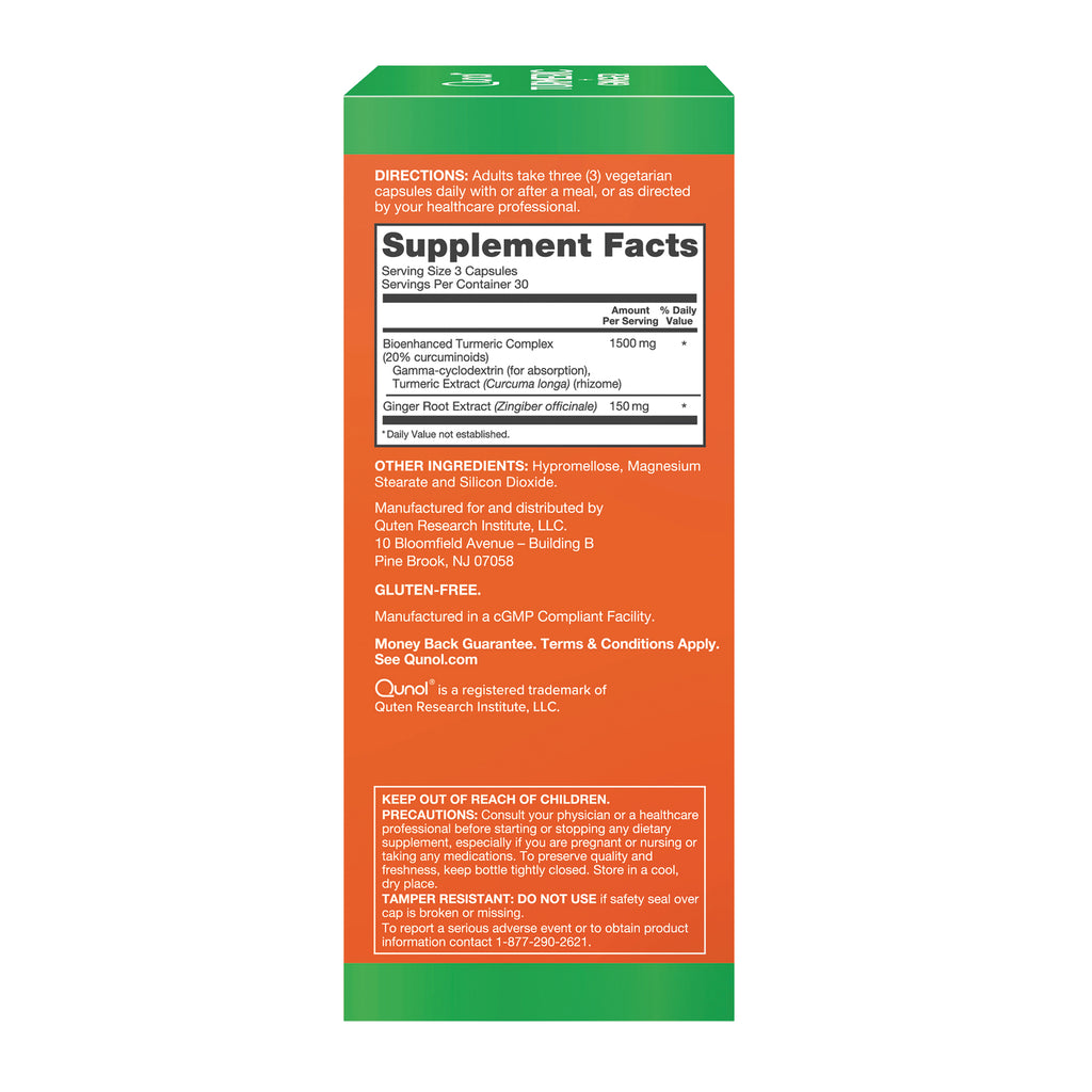 QNL018 | Back panel of Qunol turmeric supplement box with supplement facts, directions, ingredients, and warnings - Thumbnail