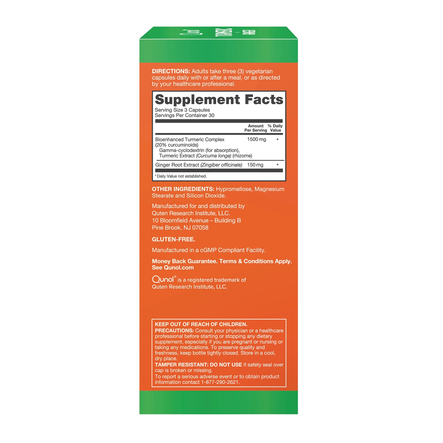 QNL018 | Back panel of Qunol turmeric supplement box with supplement facts, directions, ingredients, and warnings