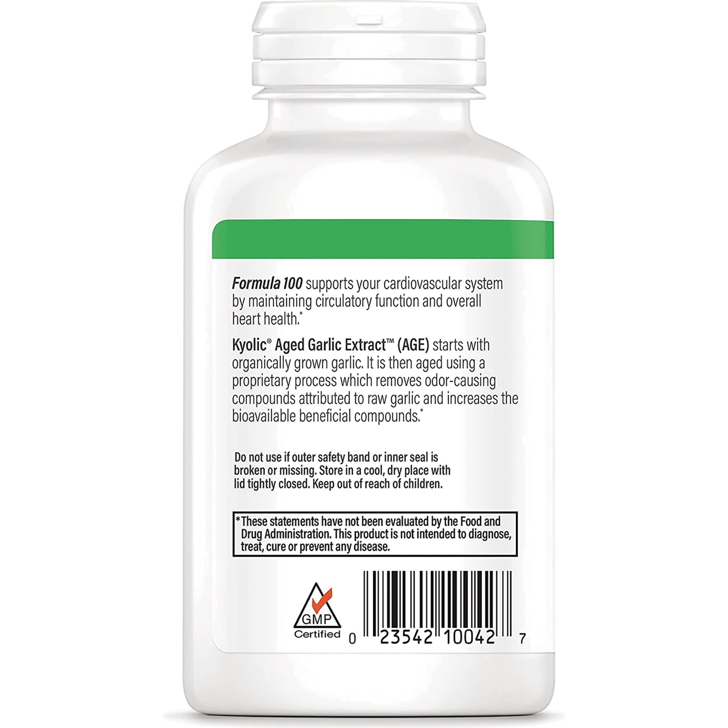KY007 | back label of white supplement bottle showing Formula 100 description, barcode and GMP Certified logo