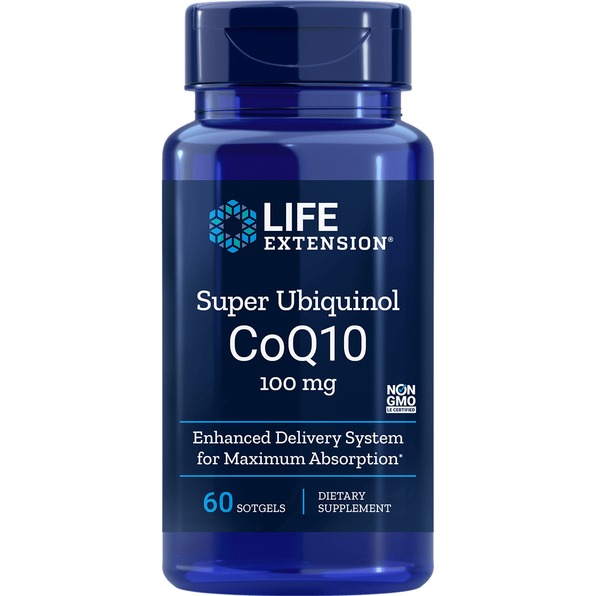 LE378 | Life Extension Super Ubiquinol CoQ10 100 mg bottle, 60 softgels front label showing brand and Non GMO