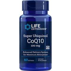 LE378 | Life Extension Super Ubiquinol CoQ10 100 mg bottle, 60 softgels front label showing brand and Non GMO