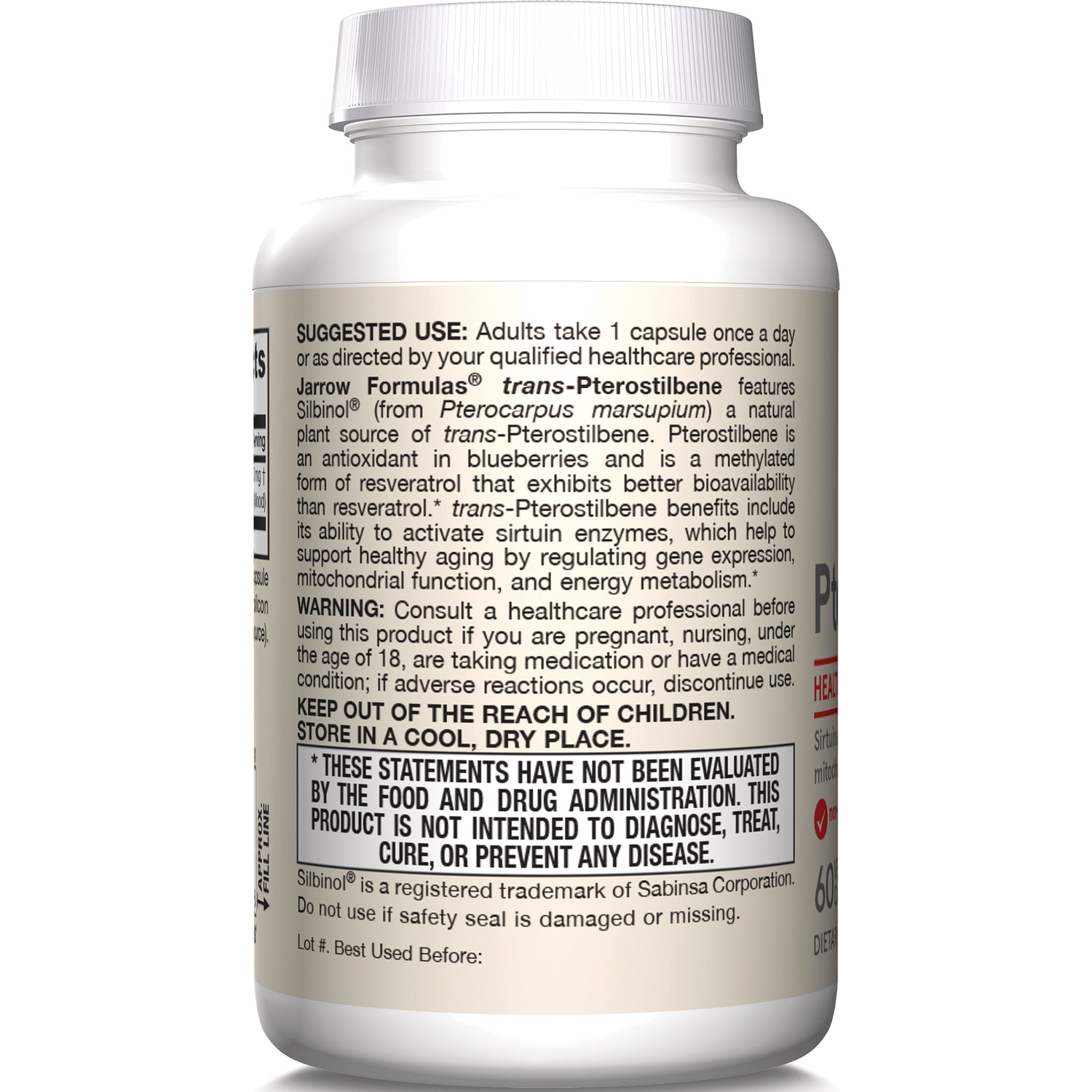 JR232 | back label of white supplement bottle showing suggested use, warning, and FDA disclaimer text