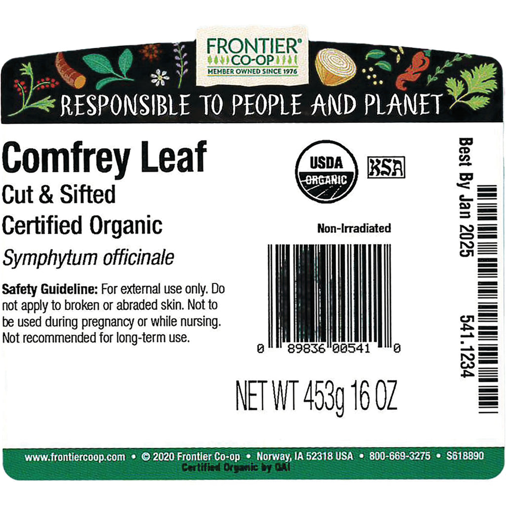 FNP065 | Back label for Frontier Co-op Comfrey Leaf Cut & Sifted certified organic with barcode, safety guideline and net wt 453g 16 OZ - Thumbnail