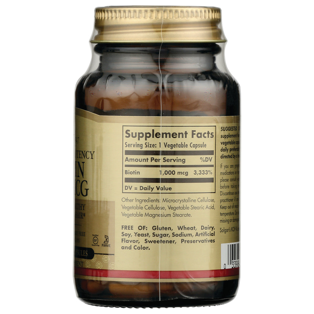 SLG213 | Supplement facts label on brown bottle showing biotin 1,000 mcg and ingredient list - Thumbnail