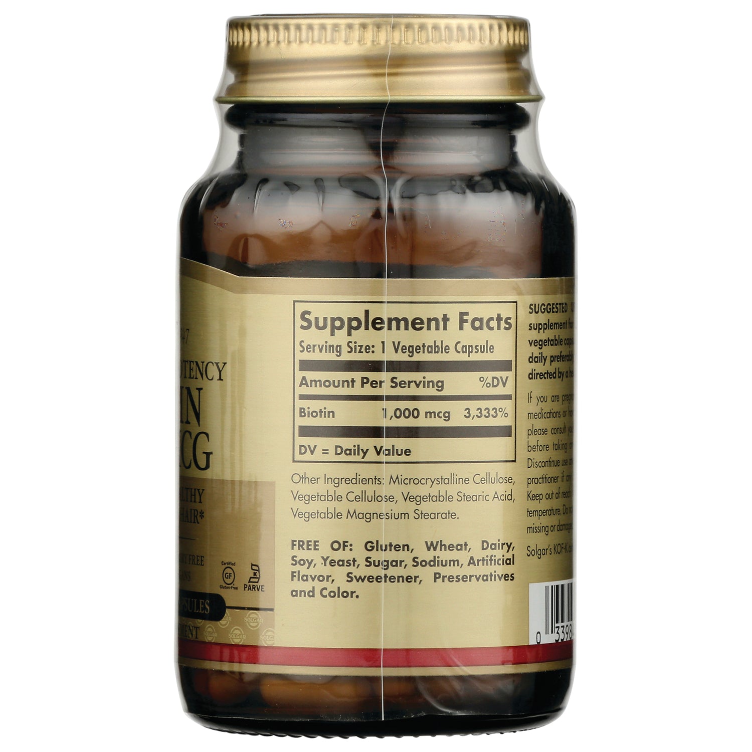 SLG213 | Supplement facts label on brown bottle showing biotin 1,000 mcg and ingredient list