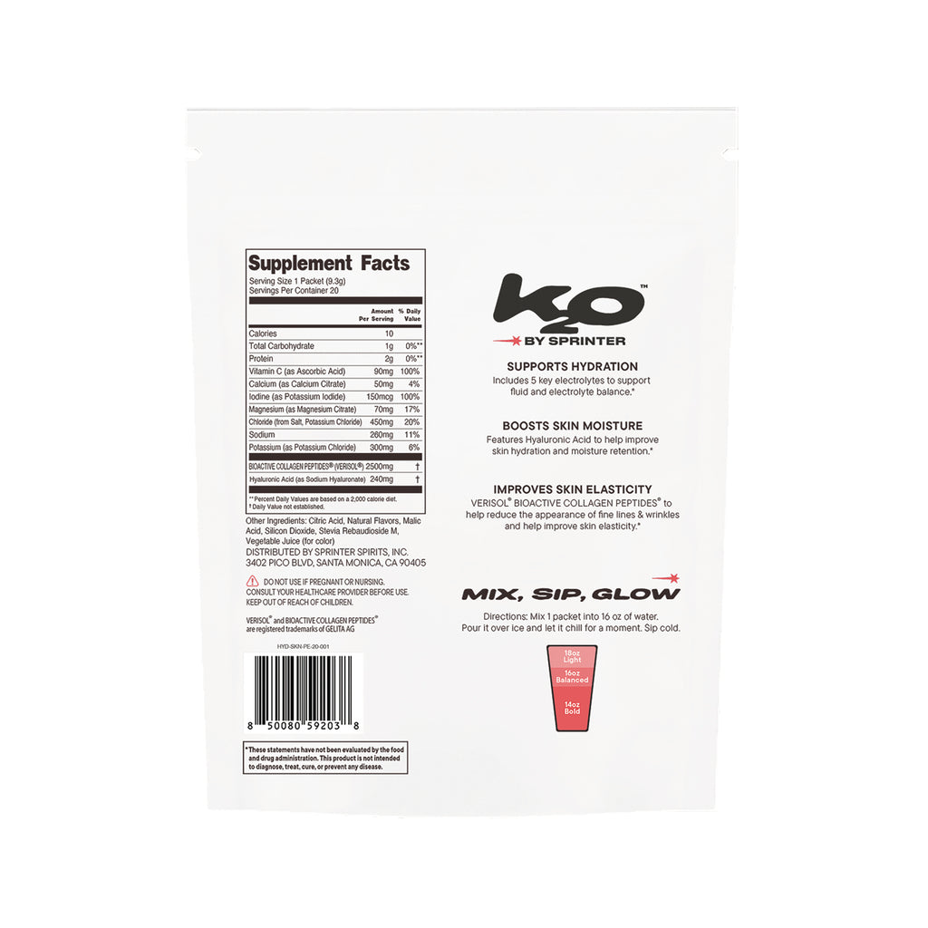KTO003 | KO by Sprinter supplement packet with Supplement Facts, hydration claims, and Mix, Sip, Glow directions - Thumbnail