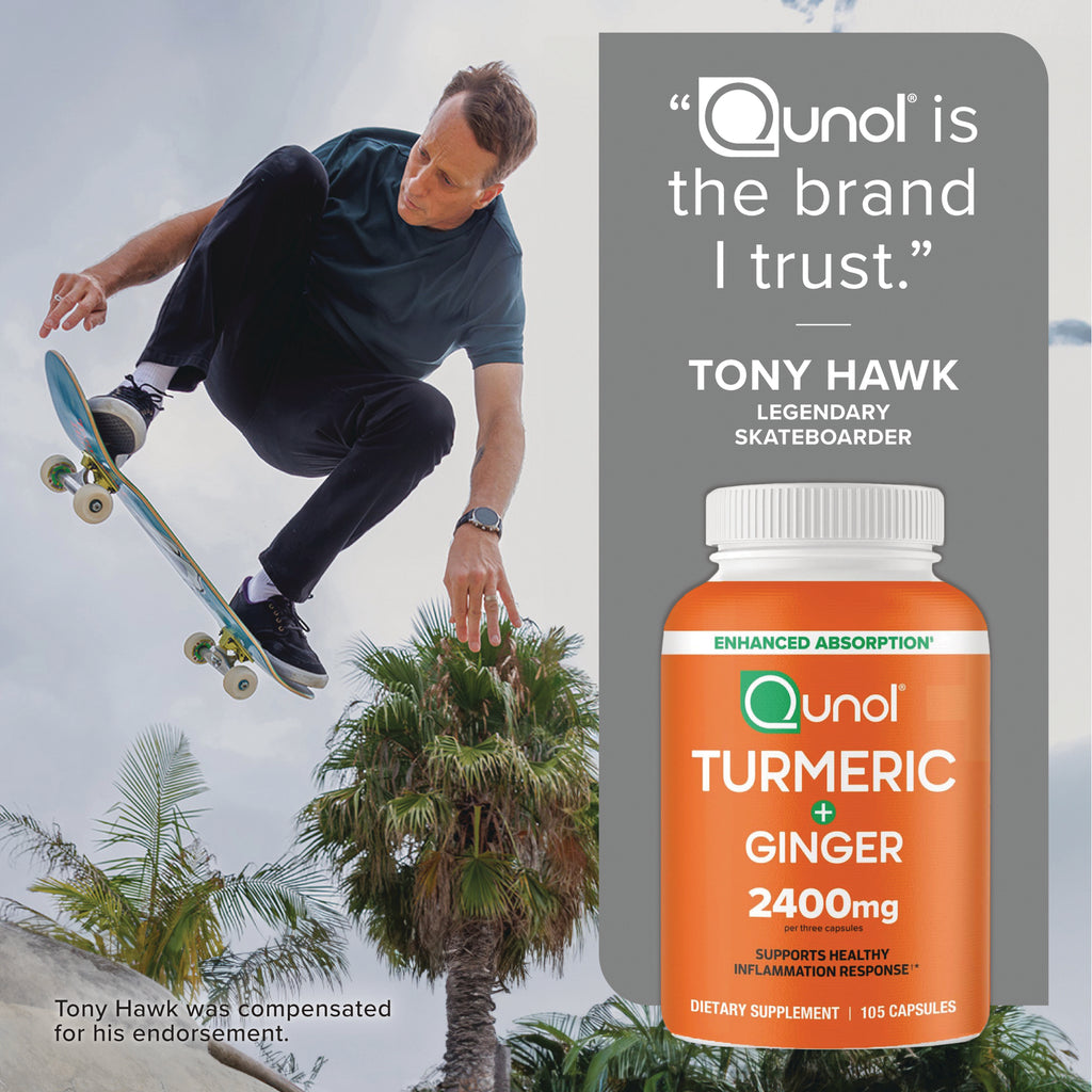 QNL017 | Tony Hawk skateboards beside a Qunol Turmeric + Ginger supplement bottle with brand endorsement text - Thumbnail
