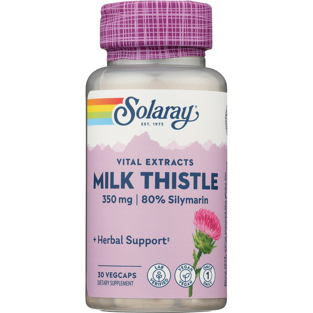 SLR202 | Solaray Milk Thistle 350 mg supplement bottle front label with pink cap and thistle illustration - Thumbnail