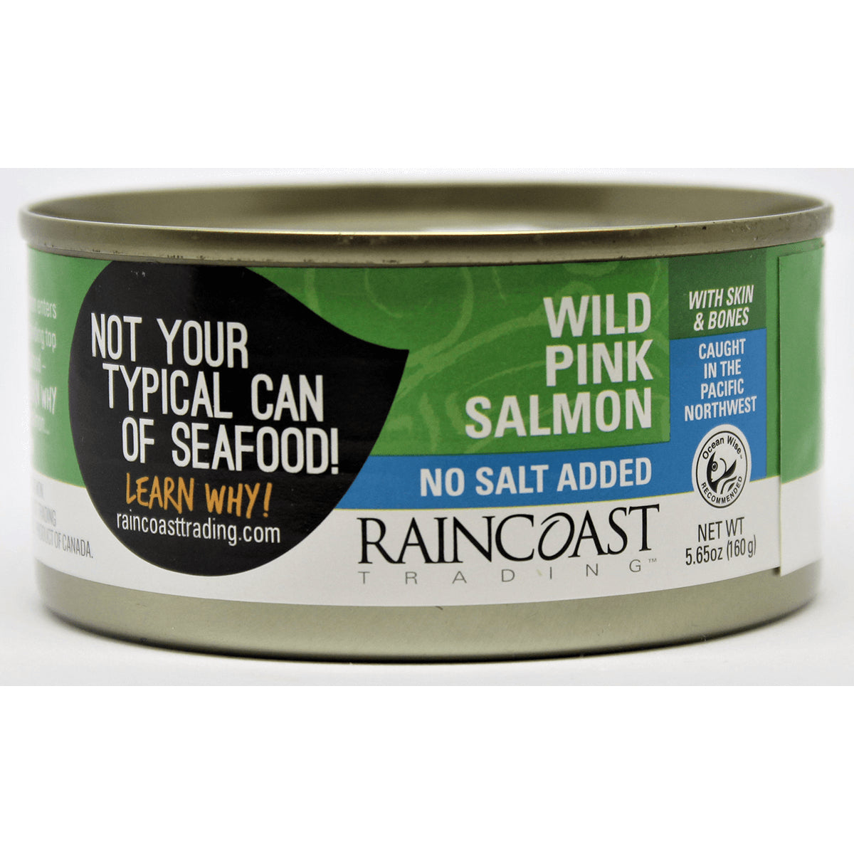 RCT005 | Raincoast Trading Wild Pink Salmon can labeled No Salt Added, front view