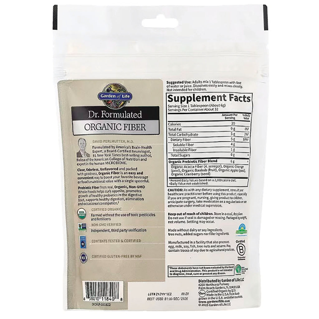 GLF211 | Back of organic fiber pouch showing Supplement Facts panel, product description, certifications and barcode - Thumbnail