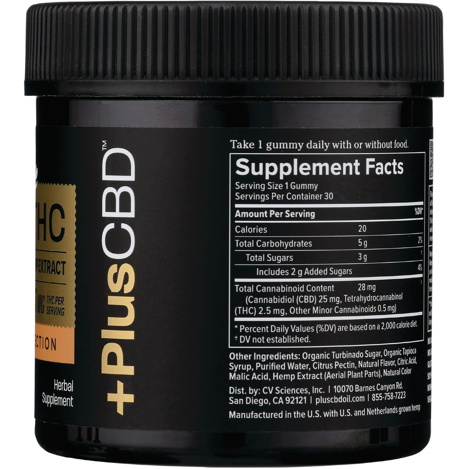 CV046 | back label showing Supplement Facts panel and ingredients on black plusCBD gummy jar