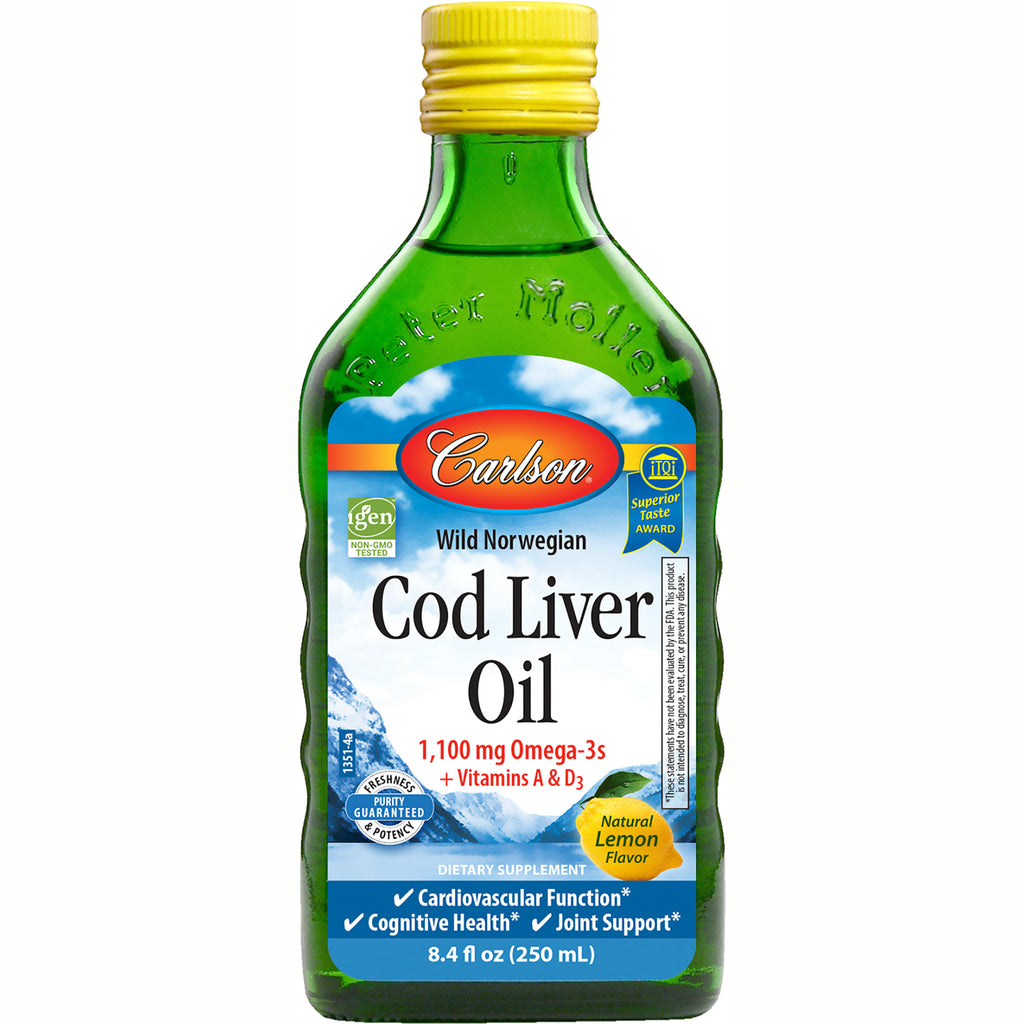 CSN008 | Carlson Wild Norwegian Cod Liver Oil bottle, natural lemon flavor, 8.4 fl oz dietary supplement - Thumbnail