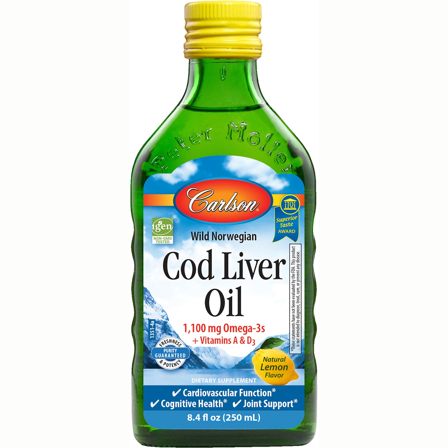 CSN008 | Carlson Wild Norwegian Cod Liver Oil bottle, natural lemon flavor, 8.4 fl oz dietary supplement