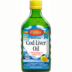 CSN008 | Carlson Wild Norwegian Cod Liver Oil bottle, natural lemon flavor, 8.4 fl oz dietary supplement