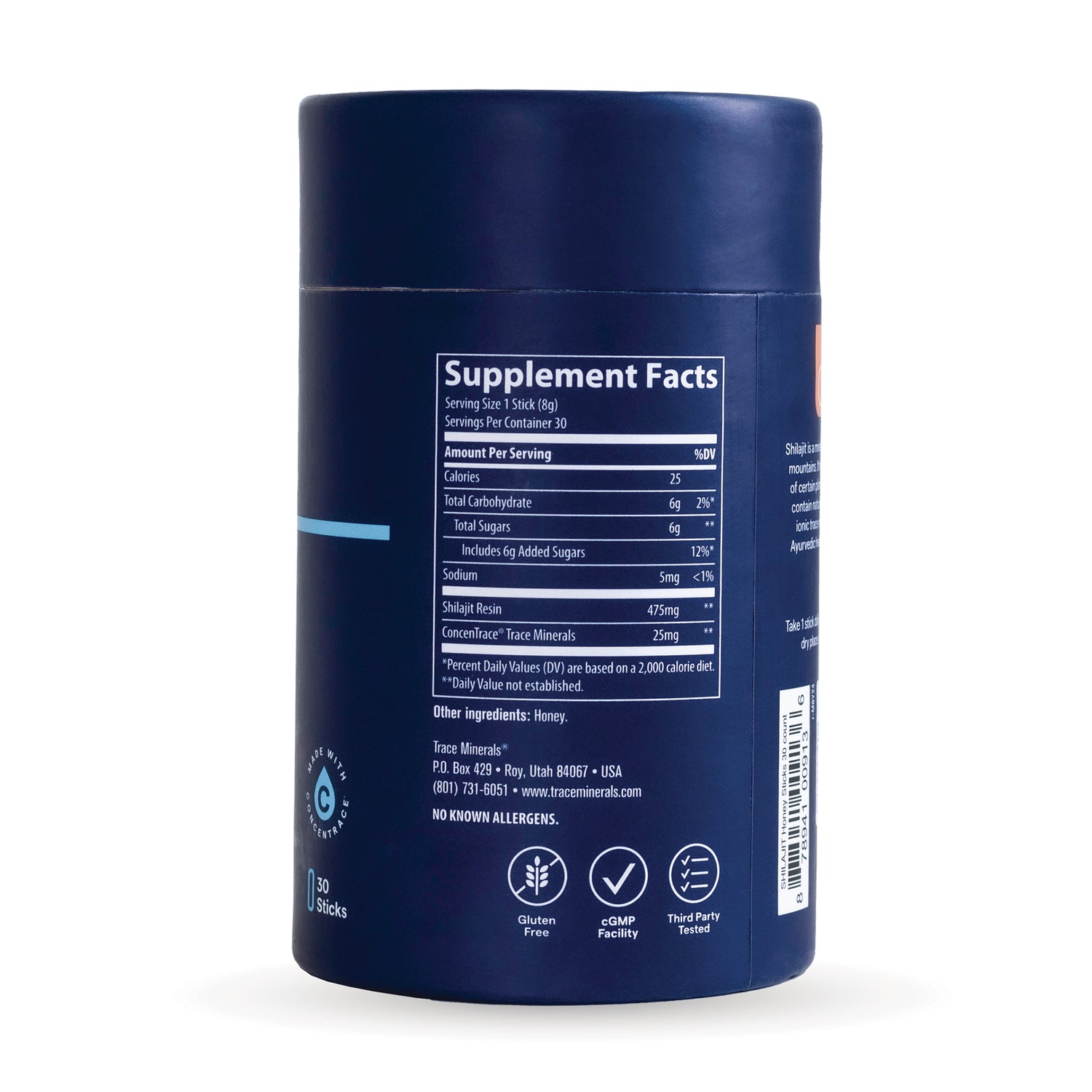 TM171 | Back of supplement tube showing Supplement Facts panel, 30 sticks, Gluten Free, cGMP Facility, Third Party Tested