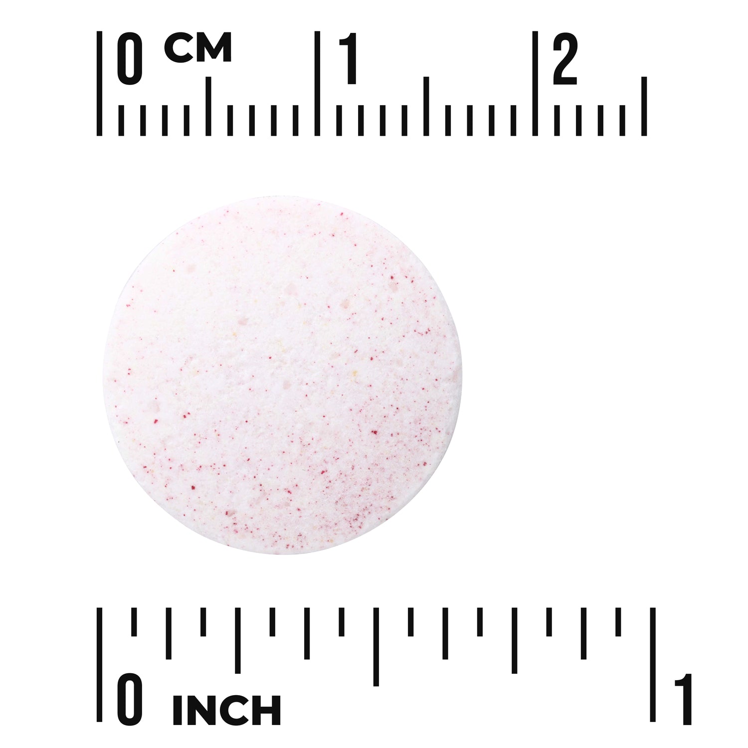 SW1538 | Round speckled tablet with size guide, rulers labeled CM and INCH