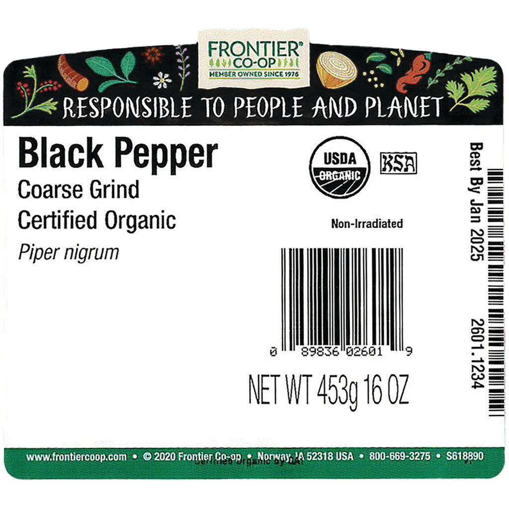 FNP061 | Back label of Black Pepper coarse grind showing barcode, USDA Organic seal, Non-Irradiated, net wt 453g 16 OZ, Best By Jan 2025 - Thumbnail