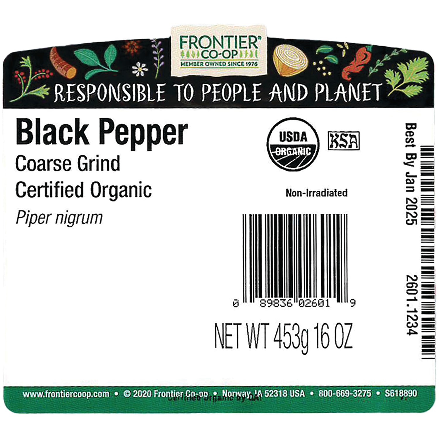 FNP061 | Back label of Black Pepper coarse grind showing barcode, USDA Organic seal, Non-Irradiated, net wt 453g 16 OZ, Best By Jan 2025